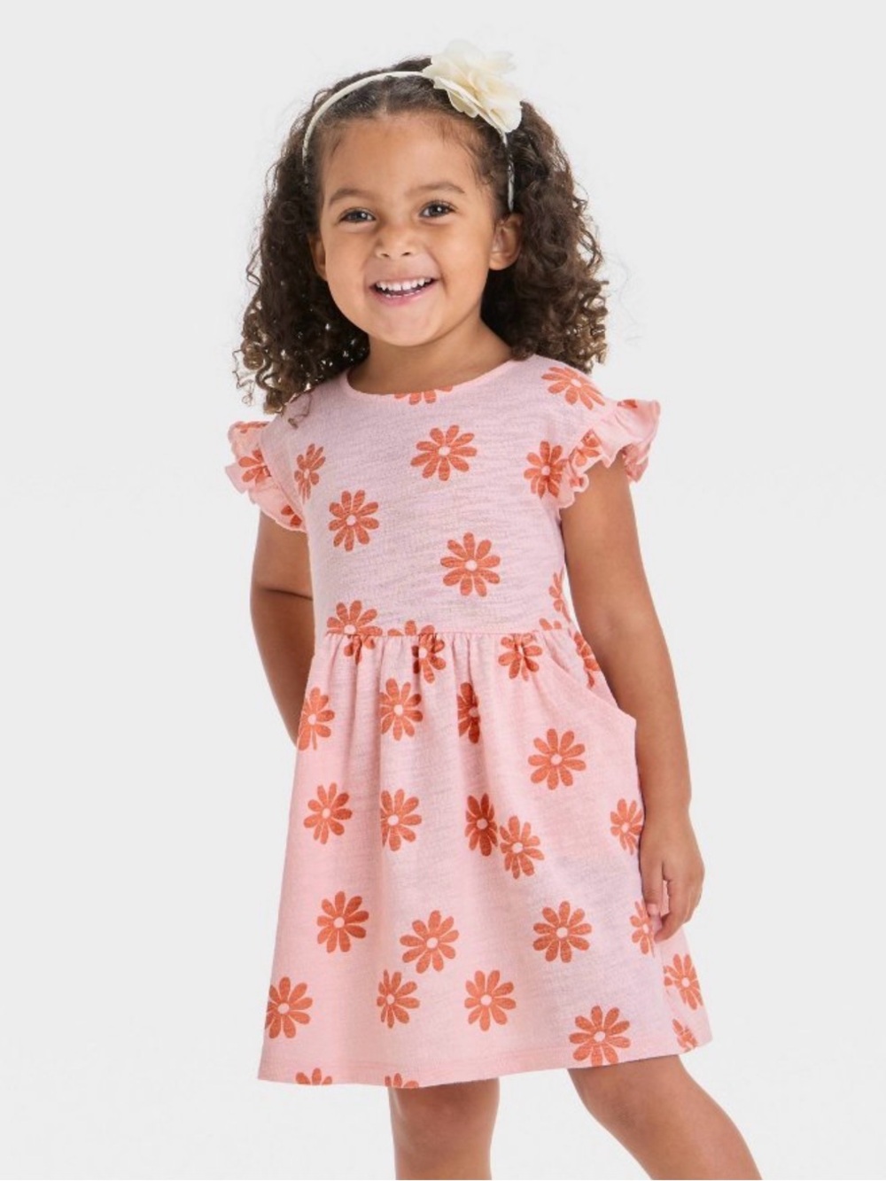 Cat & Jack Girls 2T Light Peach Daisy Floral A-Line Dress